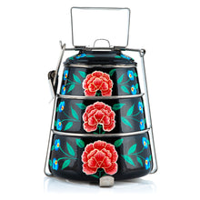 Load image into Gallery viewer, Black Flowers 3 Tier Handpainted Pyramid Tiffin