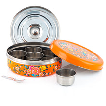 Load image into Gallery viewer, Orange Flower Designed Handpainted Masala Dabba