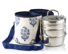 Load image into Gallery viewer, 3 Tier Large Tiffin With Thermal Blue Leaf Tiffin Bag