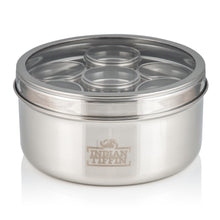 Load image into Gallery viewer, Medium Indian Tiffin Masala Dabba, Clear Lid with Clear Lid Steel Pots, Free Spice Labels & Spoon