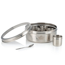Load image into Gallery viewer, Medium Indian Tiffin Masala Dabba, Clear Lid with Steel Pots, Free Spice Labels &amp; Spoon
