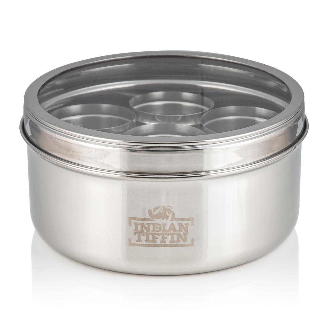 Medium Indian Tiffin Masala Dabba, Clear Lid with Steel Pots, Free Spice Labels & Spoon