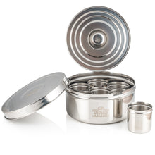 Load image into Gallery viewer, Large Indian Tiffin Masala Dabba, Steel Lid with Steel Pots, Free Spice Labels & Spoon