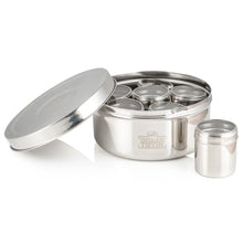 Load image into Gallery viewer, Large Indian Tiffin Masala Dabba, Steel Lid with Clear Lid Steel Pots, Free Spice Labels & Spoon