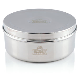 Medium Indian Tiffin Masala Dabba, Steel Lid with Clear Lid Steel Pots, Free Spice Labels & Spoon