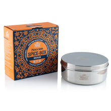 Load image into Gallery viewer, Medium Indian Tiffin Masala Dabba, Steel Lid with Clear Lid Steel Pots, Free Spice Labels & Spoon