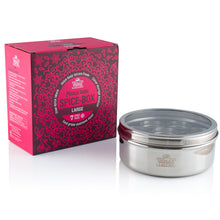 Load image into Gallery viewer, Large Indian Tiffin Masala Dabba, Clear Lid with Steel Pots, Free Spice Labels & Spoon