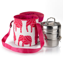 Load image into Gallery viewer, 3 Tier Medium Tiffin With Thermal Red Elephant Tiffin Bag