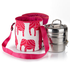 3 Tier Medium Tiffin With Thermal Red Elephant Tiffin Bag