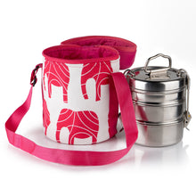 Lade das Bild in den Galerie-Viewer, 3 Tier Tiffin mit Thermal Red Elephant Tiffin Tasche