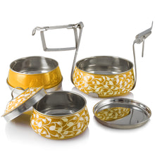 Load image into Gallery viewer, Yellow 3 Tier Handpainted Pyramid Tiffin
