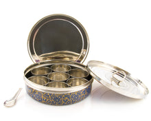 Load image into Gallery viewer, Blue & Gold Designed Handpainted Masala Dabba