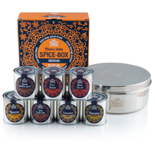 Load image into Gallery viewer, Filled Large Indian Tiffin Masala Dabba, Steel Lid, with set of 7 Spice Pots