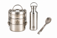 Load image into Gallery viewer, Premium Stainless Steel Lunch Kit | 3-Tier Tiffin, 750ml Water Bottle &amp; Titanium Spork Set
