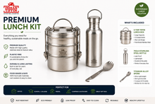 Load image into Gallery viewer, Premium Stainless Steel Lunch Kit | 3-Tier Tiffin, 750ml Water Bottle &amp; Titanium Spork Set
