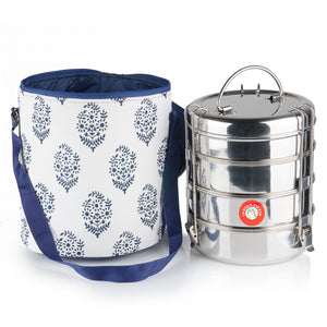 Family Size (Premium) Classical Tiffin With Thermal Blue Leaf Tiffin Bag
