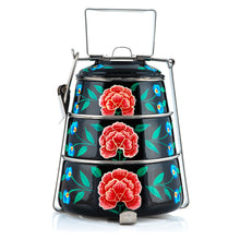 Load image into Gallery viewer, Black Flowers 3 Tier Handpainted Pyramid Tiffin
