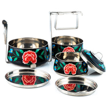 Load image into Gallery viewer, Black Flowers 3 Tier Handpainted Pyramid Tiffin
