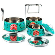 Load image into Gallery viewer, Green Flowers 3 Tier Handpainted Pyramid Tiffin
