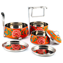 Load image into Gallery viewer, Orange Flowers 3 Tier Handpainted Pyramid Tiffin
