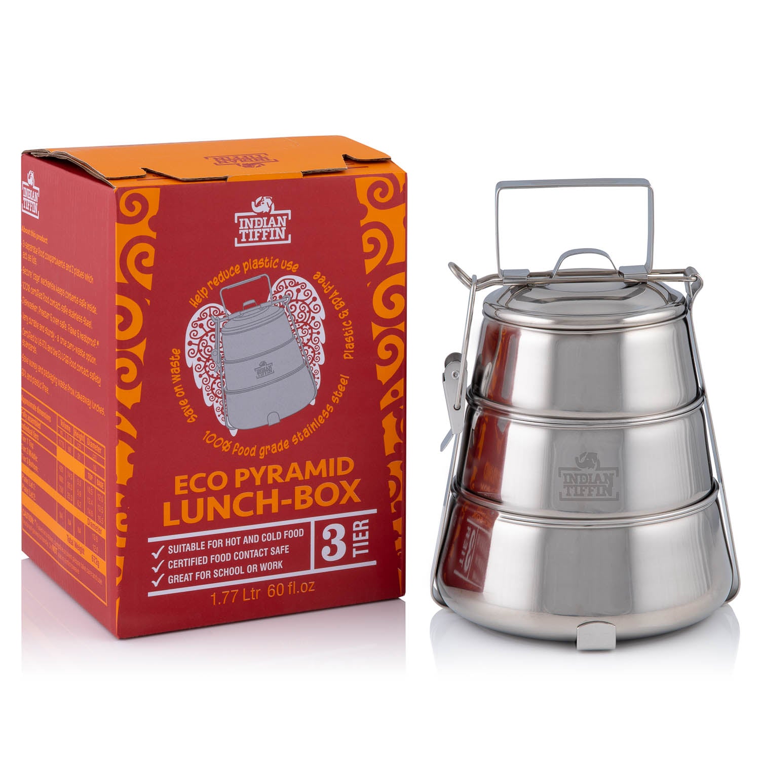 Grande Boîte à Lunch Indienne Tiffin 3 Niveaux Acier Inox 1600 Ml - Poignée Rabattable
