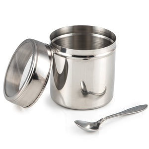 Large Indian Tiffin Masala Dabba, Clear Lid with Clear Lid Steel Pots, Free Spice Labels & Spoon