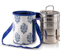 Load image into Gallery viewer, 4 Tier Large Tiffin With Thermal Blue Leaf Tiffin Bag
