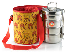 Load image into Gallery viewer, 4 Tier Tiffin With Thermal Camel Design Tiffin Bag
