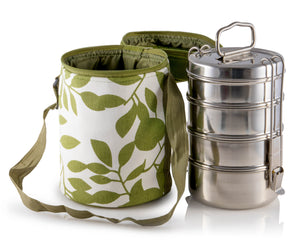 4 Tier Large Tiffin With Thermal Green Leafy Tiffin Bag