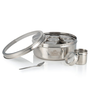 Medium Indian Tiffin Masala Dabba, Clear Lid with Clear Lid Steel Pots, Free Spice Labels & Spoon