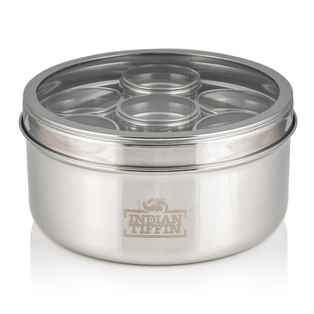 Large Indian Tiffin Masala Dabba, Clear Lid with Clear Lid Steel Pots, Free Spice Labels & Spoon