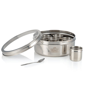 Medium Indian Tiffin Masala Dabba, Clear Lid with Steel Pots, Free Spice Labels & Spoon