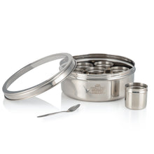 Load image into Gallery viewer, Large Indian Tiffin Masala Dabba, Clear Lid with Steel Pots, Free Spice Labels &amp; Spoon
