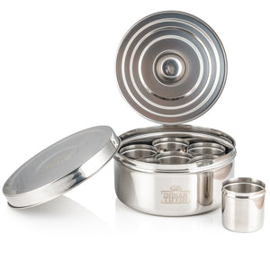 Large Indian Tiffin Masala Dabba, Steel Lid with Steel Pots, Free Spice Labels & Spoon