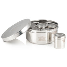 Load image into Gallery viewer, Medium Indian Tiffin Masala Dabba, Steel Lid with Clear Lid Steel Pots, Free Spice Labels &amp; Spoon
