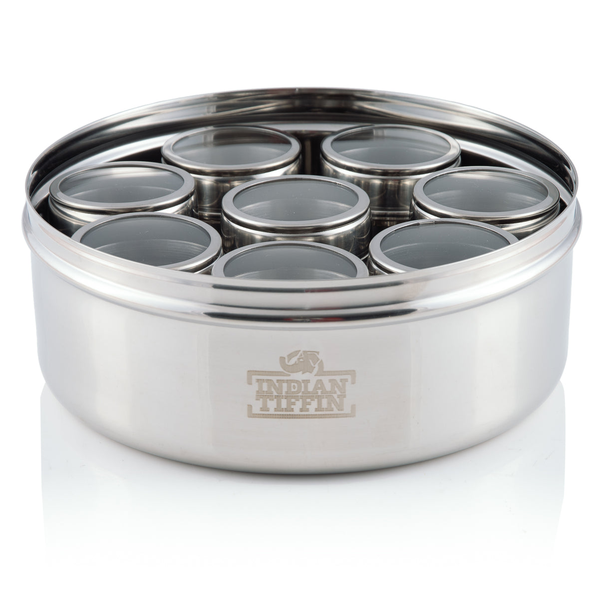 Edelstahl Masala Dabba – 7-fach Gewürzbox Mit Löffel, Transparente Deckel, 19,1 X 19,1 Cm