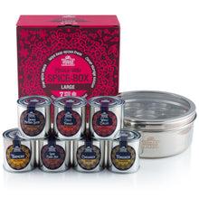Load image into Gallery viewer, Filled Large Indian Tiffin Masala Dabba, Clear Lid, with set of 7 Spice Pots

