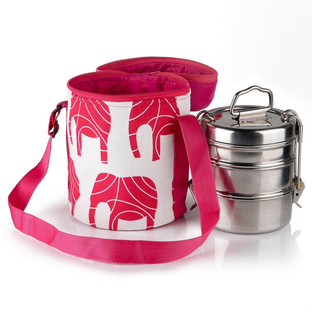 3 Tier Large Tiffin With Thermal Red Elephant Tiffin Bag