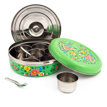 Load image into Gallery viewer, Green Flower Designed Handpainted Masala Dabba

