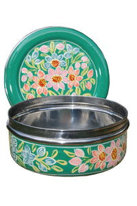 Green & Red Flower Handpainted Cookie Tin