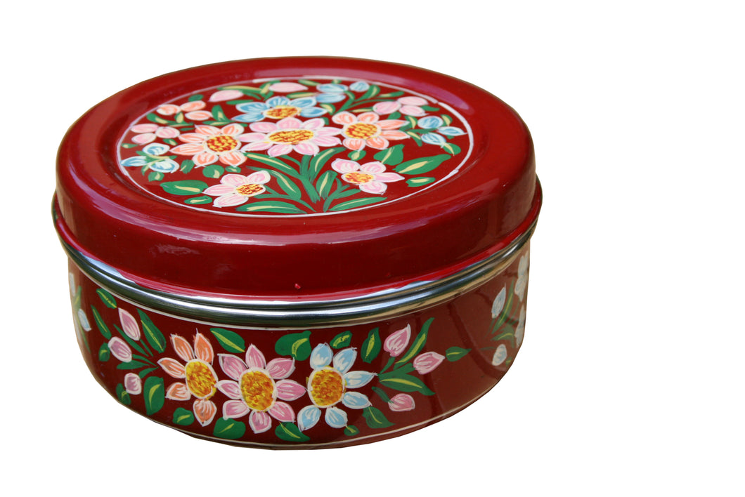Scatola per biscotti dipinta a mano con fiore rosso – Indian-Tiffin LunchBox