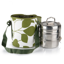 Load image into Gallery viewer, 3 Tier Medium Tiffin With Thermal Green Leafy Tiffin Bag
