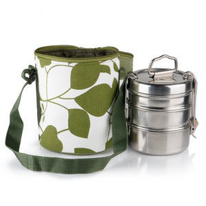 3 Tier Large Tiffin With Thermal Green Leafy Tiffin Bag