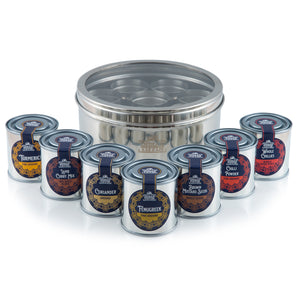 Filled Large Indian Tiffin Masala Dabba, Clear Lid, with set of 7 Spice Pots