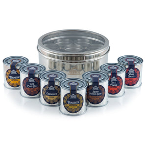 Filled Medium Indian Tiffin Masala Dabba, Clear Lid, with set of 7 Spice Pots