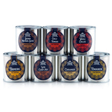 Load image into Gallery viewer, Filled Large Indian Tiffin Masala Dabba, Clear Lid, with set of 7 Spice Pots

